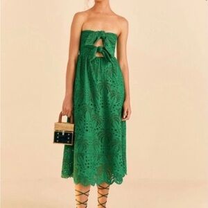 FARM Rio Green Strapless Eyelet Tie-Front Midi Dress
